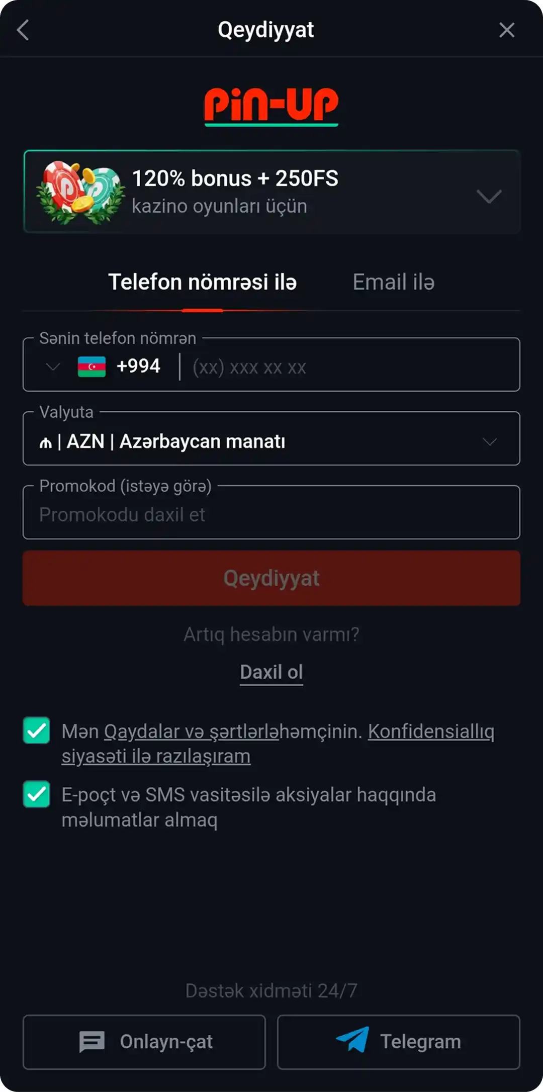 PIN-UP Android qeydiyyat
